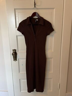Divided by H&M Brown Ribbed Polo Collar Midi Dress